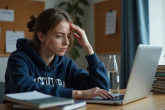 Étudiante frustrée devant un écran d'ordinateur affichant une erreur de connexion ENT