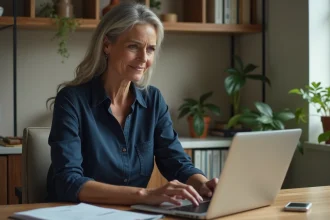 Femme consultant une application de transport en commun Melouvert sur ordinateur portable, questionnant la confidentialité de ses données personnelles
