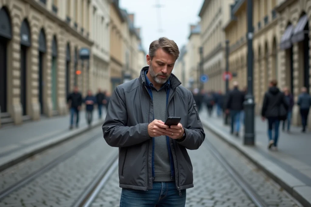 Homme utilisant une application de planification de trajets à Orléans, illustrant la collecte de données de géolocalisation par les services de mobilité