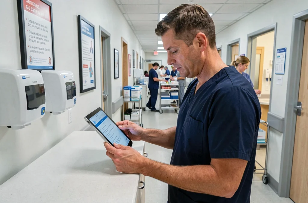 Aide-soignant consultant un protocole de soins sur tablette numérique au poste infirmier, reflétant l'évolution des compétences en 2026