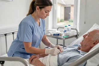Aide-soignante réalisant un soin de plaie sur un patient âgé dans une chambre d'hôpital moderne, illustrant les nouveaux actes aide-soignant 2026