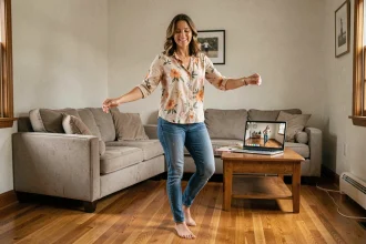 Femme apprenant la danse Madison chez elle dans son salon avec un tutoriel vidéo ouvert sur un ordinateur portable