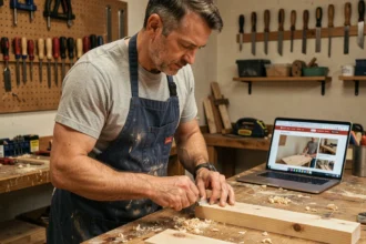 Un homme apprenant la menuiserie dans son atelier maison avec un tutoriel en ligne ouvert sur un ordinateur portable