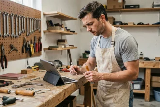 Un homme adulte apprenant le bricolage seul à l'aide d'une tablette dans un atelier fait maison, illustrant l'apprentissage en ligne du bricolage via une plateforme comme Bricoludik.fr