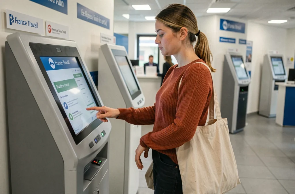 Jeune femme utilisant une borne numérique en libre-service pour déclarer un changement de situation à France Travail