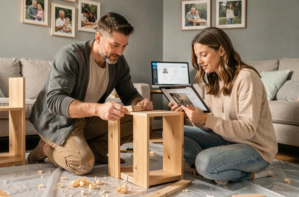 Un couple apprenant la menuiserie ensemble le week-end en assemblant une bibliothèque en bois dans leur salon