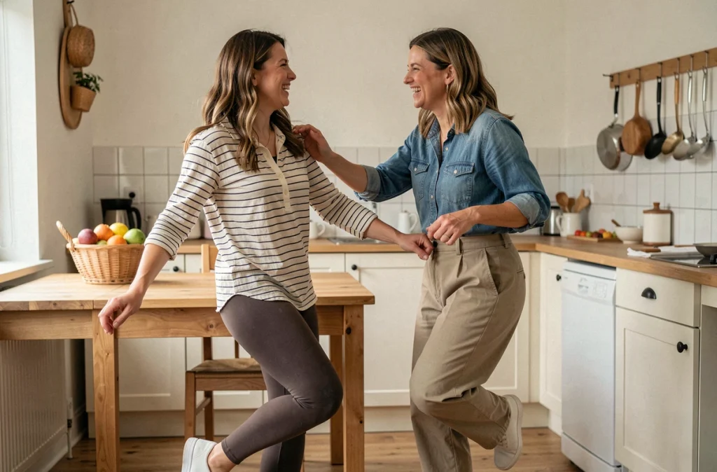 Deux femmes pratiquant la danse Madison ensemble dans une cuisine aménagée en espace de répétition à domicile