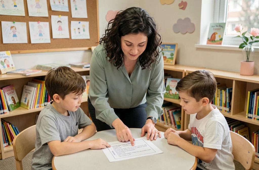 Enseignante accompagnant des élèves de CE2 dans une activité de lecture progressive en bibliothèque scolaire