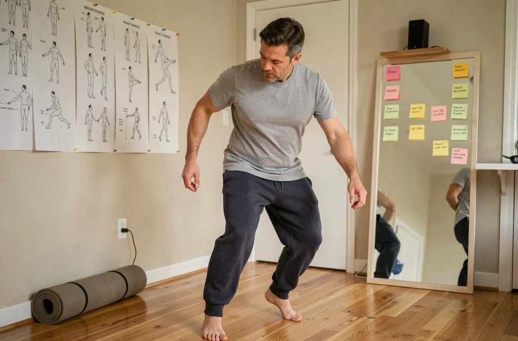 Homme s'entraînant aux pas de Madison dans une salle dédiée à la danse à domicile avec des fiches de chorégraphie affichées au mur