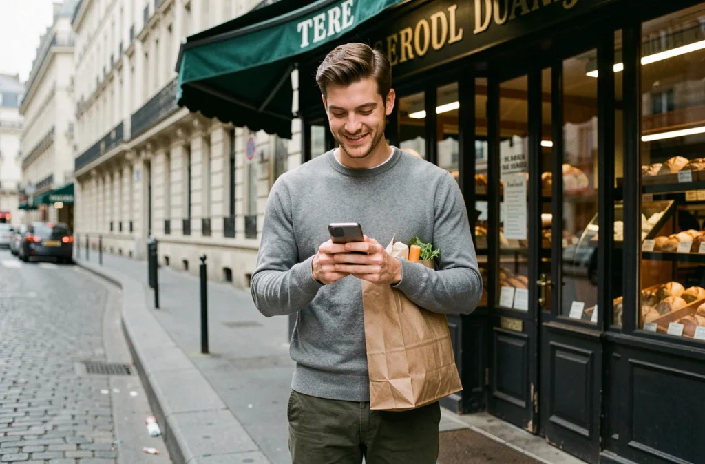 Étudiant parisien utilisant une application de bons plans étudiants devant une boulangerie dans une rue typique de Paris