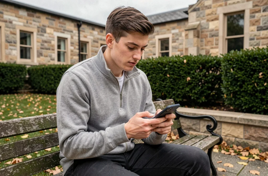 Étudiant consultant l'ENT de l'université d'Artois sur son smartphone en extérieur sur le campus