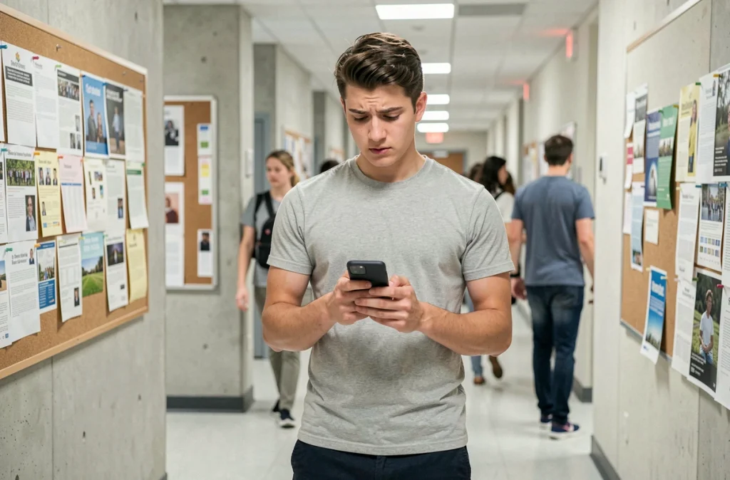 Étudiant consultant l'ENT de l'université Assas sur son smartphone dans un couloir du campus