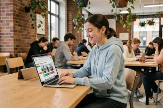 Étudiante française consultant des bons plans et réductions sur son ordinateur portable dans une cafétéria universitaire moderne