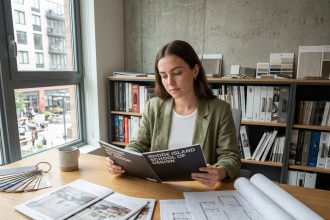 Étudiante comparant des brochures d'écoles d'architecture d'intérieur à son bureau de travail