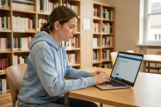 Étudiante en licence santé UPEC utilisant le portail Cristolink sur un ordinateur portable dans une bibliothèque universitaire