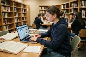 Étudiante comparant les plateformes Assas ENT et Mon Assas sur son ordinateur portable dans une bibliothèque universitaire