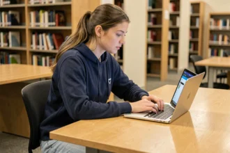 Étudiante utilisant l'ENT de l'université d'Artois sur son ordinateur portable dans une bibliothèque universitaire moderne