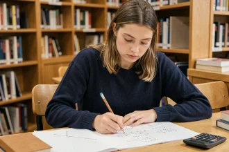 Étudiante révisant les formules trigonométriques sin et cos sur des fiches de mathématiques dans une bibliothèque universitaire