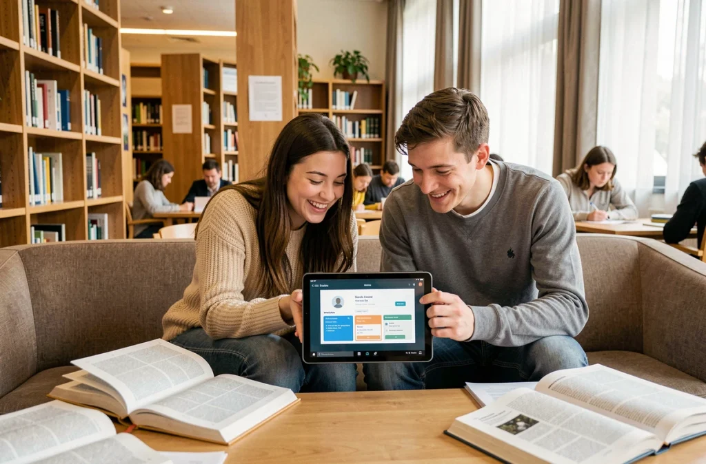 Deux étudiants français découvrant ensemble des bons plans et réductions étudiants sur une tablette dans une bibliothèque universitaire