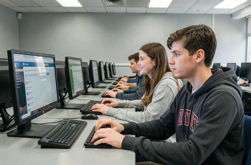 Deux étudiants comparant les interfaces ENT et Mon Assas sur des ordinateurs de bureau dans une salle informatique universitaire