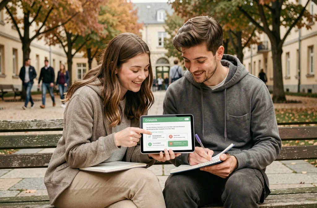 Deux étudiants consultant un guide Cristolink pour leur inscription en licence santé sur le campus de l'UPEC