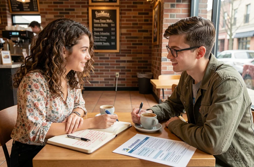 Deux lycéens qui révisent ensemble une dissertation de philosophie dans un café avant le bac