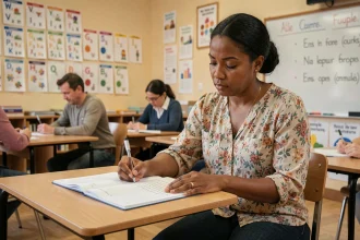 Femme adulte sans papier apprenant le français dans un centre communautaire, écrivant dans un cahier d'exercices lors d'un cours d'intégration