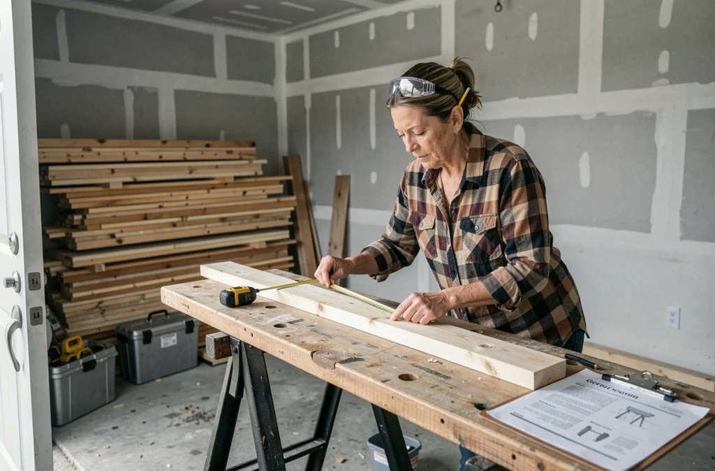 Une femme adulte mesurant une planche en bois dans un garage, représentant une débutante en bricolage suivant des tutoriels en ligne pour devenir autonome à domicile