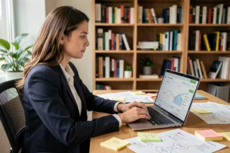 Femme entrepreneur intégrant un abonnement email marketing dans son tunnel de vente sur ordinateur portable