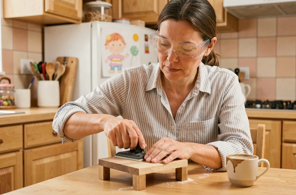 Une femme pratiquant la menuiserie à la maison sur la table de cuisine tout en conciliant vie de famille