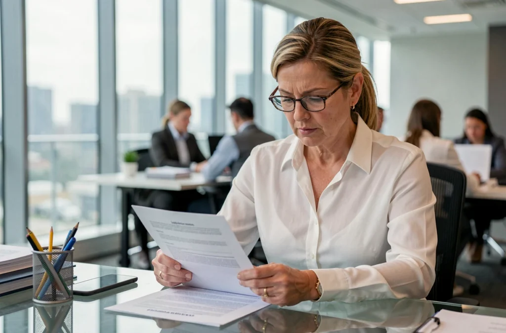 Femme professionnelle en costume qui évalue ses résultats de test de QI dans un bureau moderne