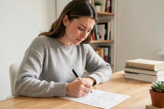 Jeune femme concentrée qui remplit un test de QI sur papier à son bureau à domicile