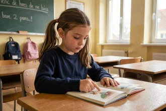 Fillette de CE2 lisant une fiche de lecture sur un texte court dans une salle de classe lumineuse