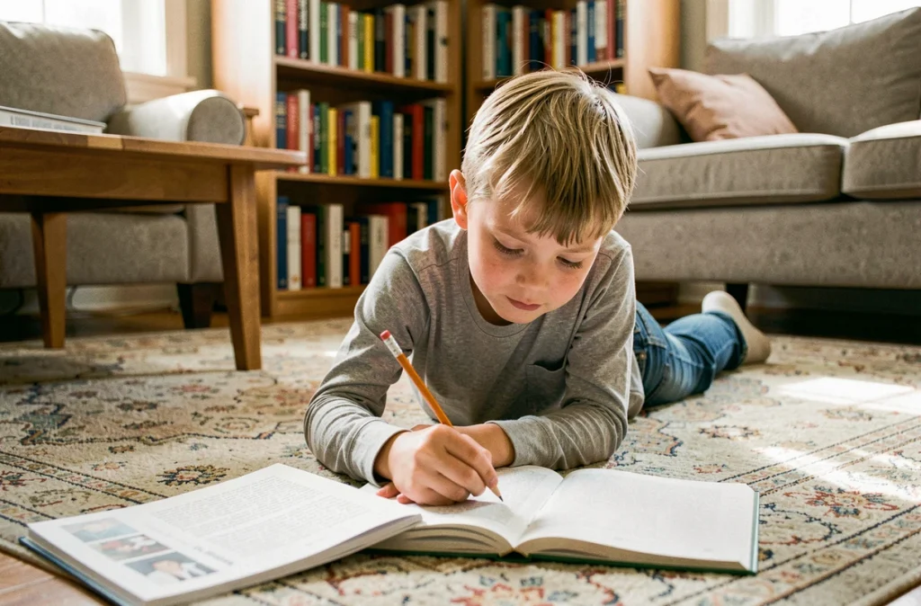 Garçon de CE2 faisant une fiche de lecture progressive sur un chapitre de roman à la maison