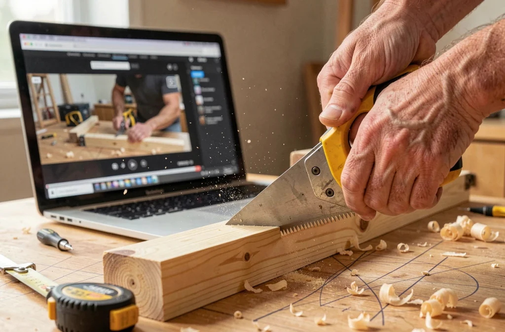 Gros plan sur des mains sciant une planche en bois avec un laptop affichant un tutoriel en arrière-plan, symbolisant l'apprentissage autonome du bricolage grâce à une plateforme en ligne