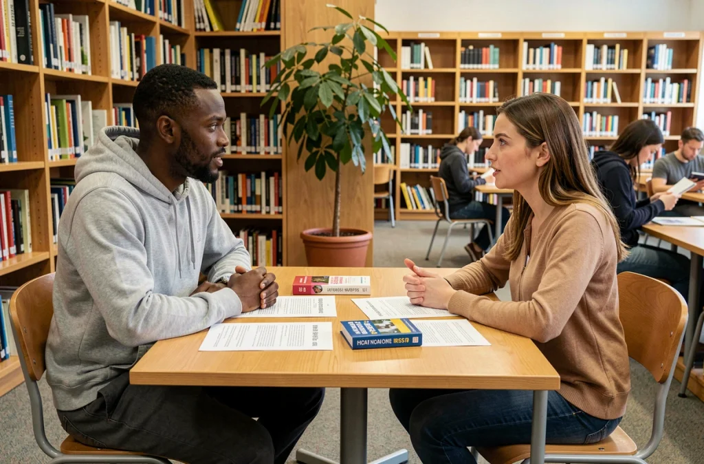 Homme migrant sans papier en cours particulier de français avec une bénévole dans une bibliothèque publique, autour de documents pédagogiques
