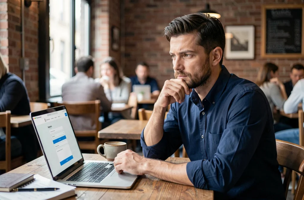 Homme réfléchi passant un test de QI en ligne sur son ordinateur portable dans un café