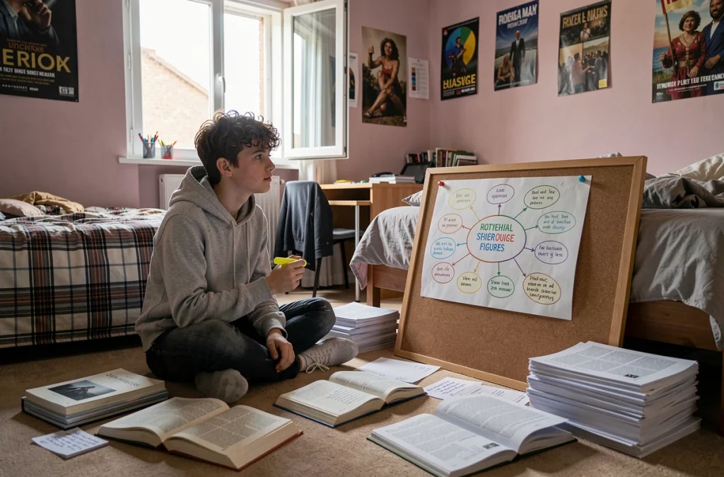 Lycéen révisant les figures de style au sol entouré de fiches et sujets de bac de français