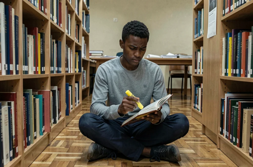 Lycéen qui prépare sa dissertation de philosophie dans une bibliothèque entouré de livres