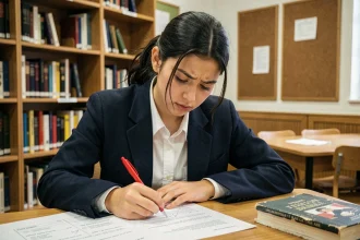 Lycéenne annotant un sujet de bac de français avec des figures de style dans une bibliothèque scolaire