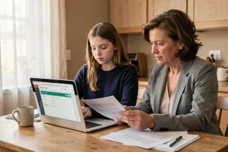 Une mère et sa fille lycéenne consultent ensemble la fiche de suivi Parcoursup sur un ordinateur portable à la table de cuisine