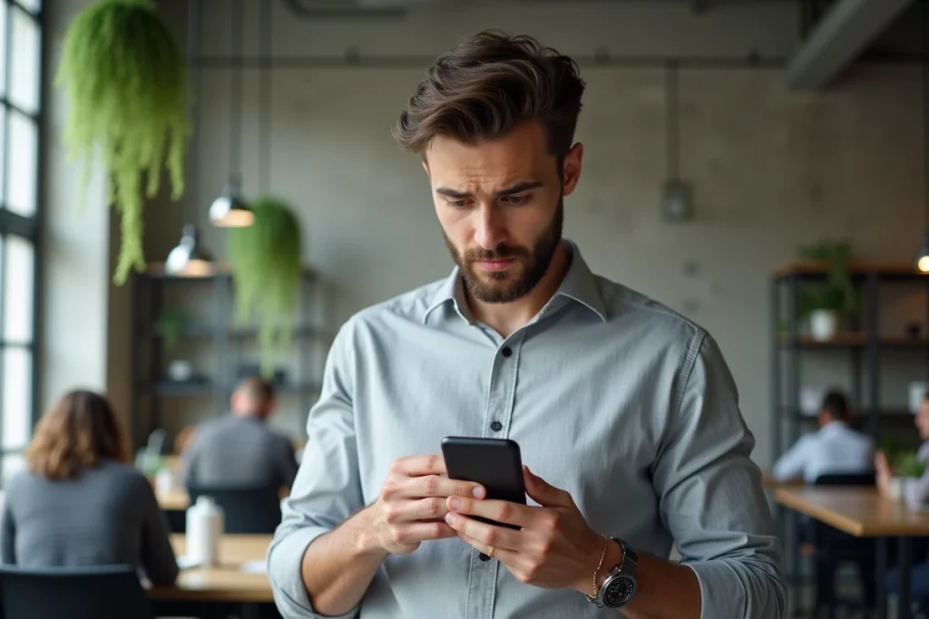 Jeune professionnel consultant un email de réinitialisation de mot de passe extranet sur son smartphone dans un espace de coworking