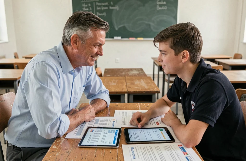 Un professeur accompagne un élève lycéen dans la complétion de sa fiche de suivi Parcoursup en salle de classe