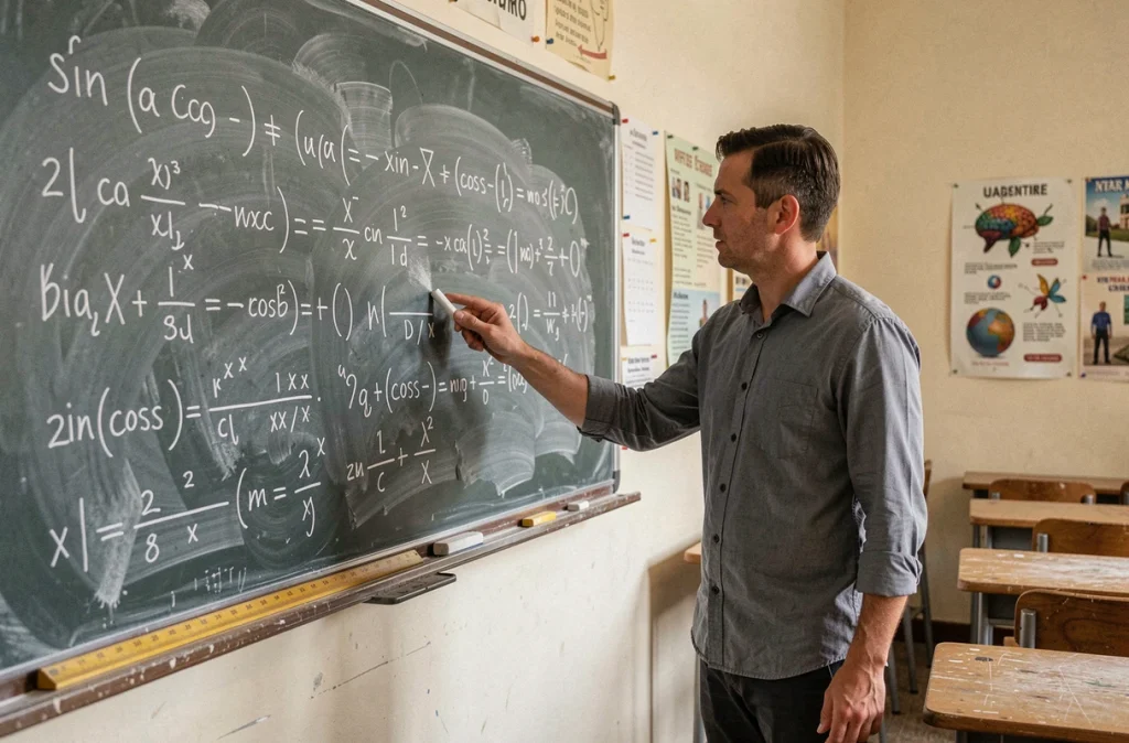 Professeur de mathématiques expliquant les formules trigonométriques sin a cos b au tableau noir dans une salle de classe