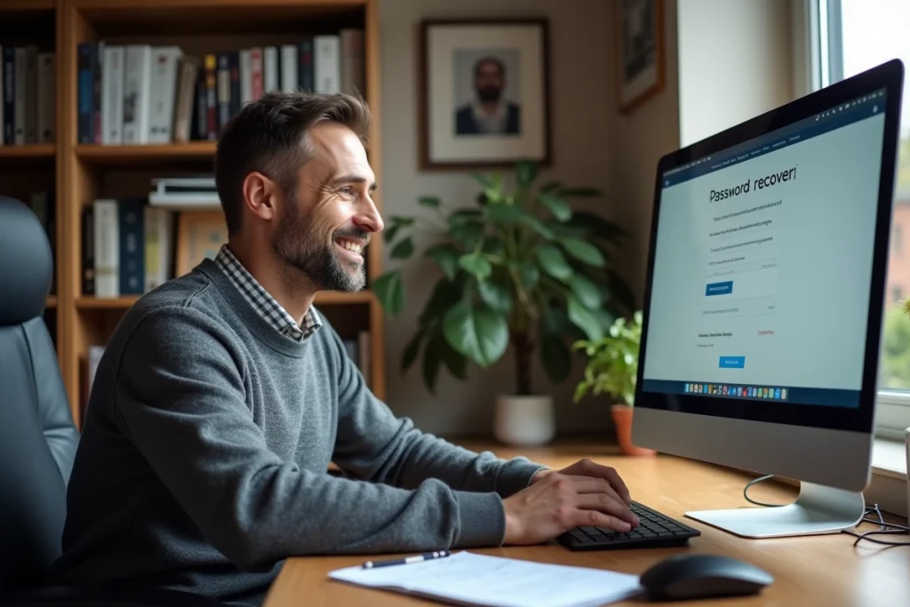 Homme en télétravail récupérant l'accès à son compte extranet ESG via une procédure de mot de passe oublié