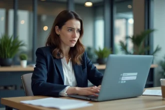 Femme en blazer bleu réinitialisant son mot de passe sur un extranet professionnel depuis son bureau