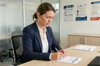 Femme en train de remplir un formulaire de réinscription à France Travail dans une agence administrative moderne