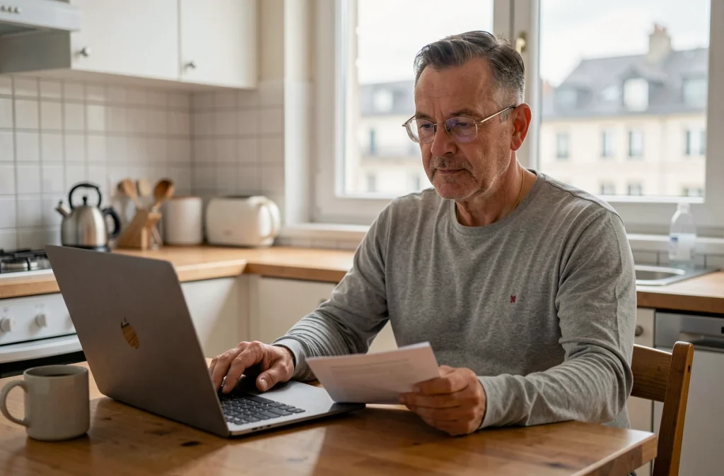 Homme à domicile effectuant sa réinscription France Travail en ligne sur un ordinateur portable