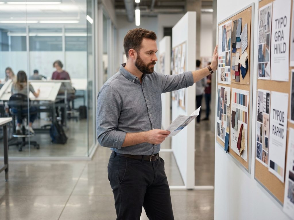 Homme visitant un couloir d'une école d'architecture d'intérieur avec des planches d'étudiants
