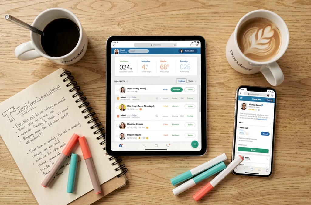 Vue de dessus d'un bureau avec tablette affichant une plateforme d'email marketing et notes de stratégie de tunnel de vente